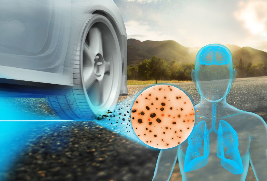 Close Up: fine dust particles are released from a car tyre