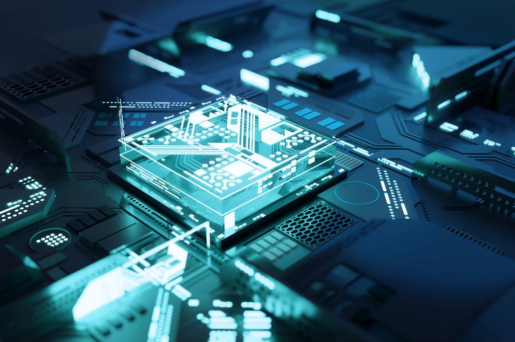 A hard drive with circuit board and processor in blue light