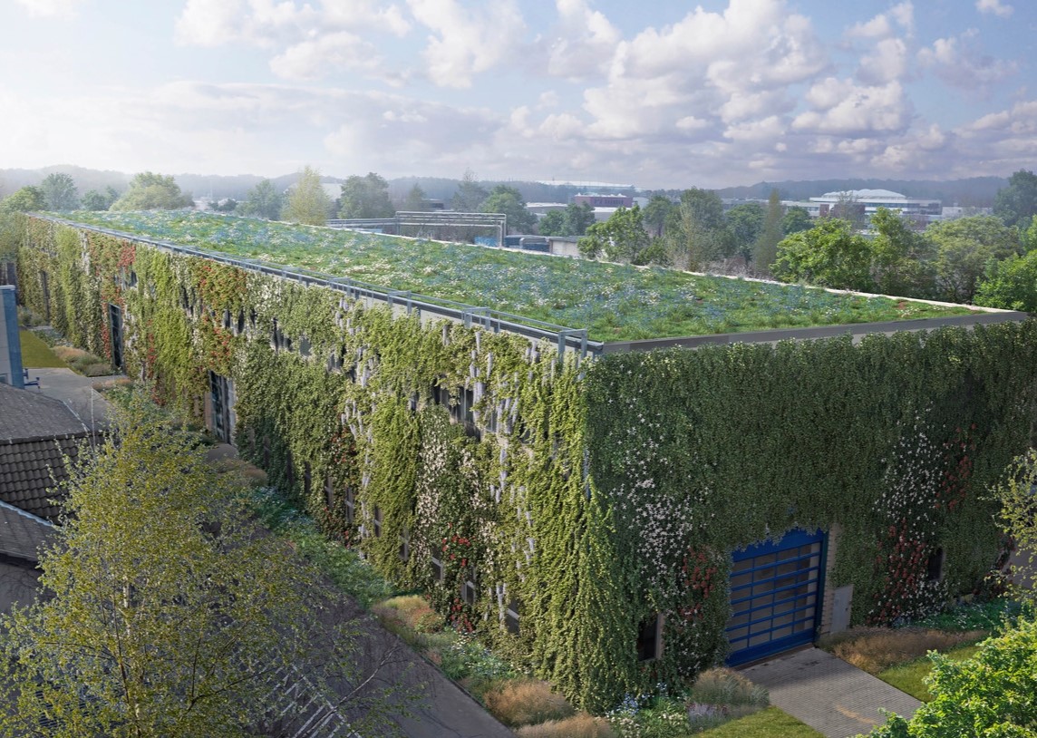 Drawing of a hall, the facades and the roof are greened with many plants.